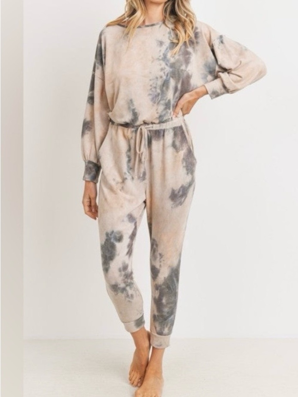 Cherish Tie Dye Drawstring Waist Jogger Jumpsuit Boho Lounge Large Soft Pockets